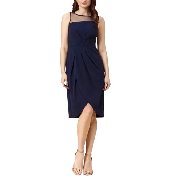 Adrianna Papell Draped Illusion Dress Sz 14 Mesh Top Midnight Blue Witchy Glam - Picture 1 of 13